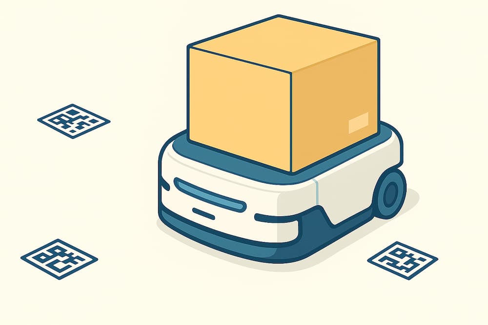 QRコードで誘導されているAMRのイラスト