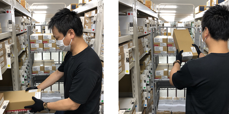 カゴ台車でピッキング作業をしている男性