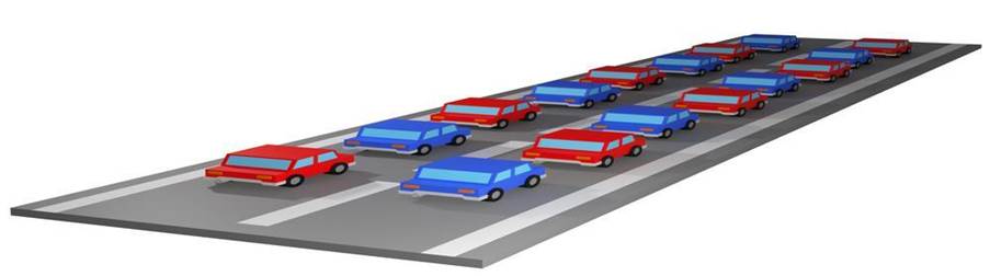 赤と青の車が整然と並んで走る3車線道路のイラスト