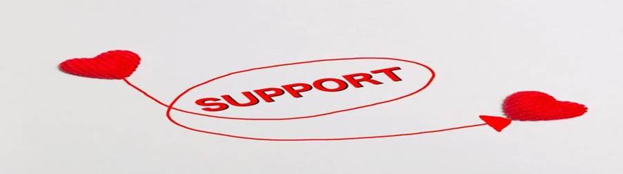 赤いハートと矢印で囲まれた『SUPPORT』の文字が白背景に配置された支援イメージ